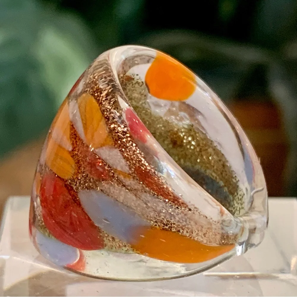 Vintage Murano Style Art Glass Hand Blown Lampwork Confetti Dome Ring Size 7